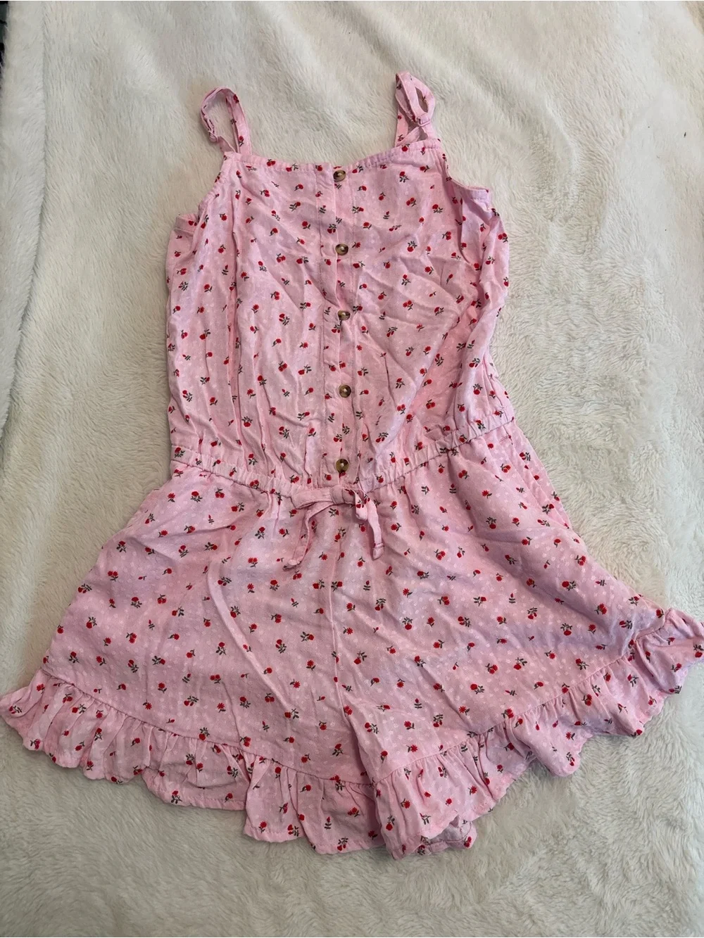 Girls' Pink floral Print Tie-Waist Romper small 6/7